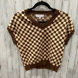 Willow & Wind Womens Brown & Tan Checkerboard V-Neck Sweater Vest Size XS